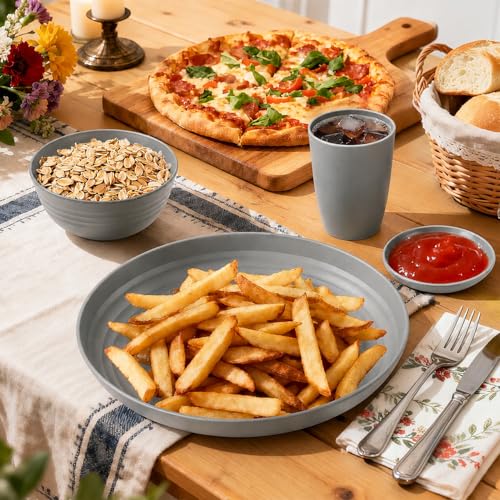 Image of Kids Wheat Straw Dinnerware Sets for 4, 16 Piece Unbreakable Dinnerware Set, Kids Plates and Bowls Sets, Kitchen Plates and Bowls Set, Lightweight Dish Set for Party, Camping,RV - Grey