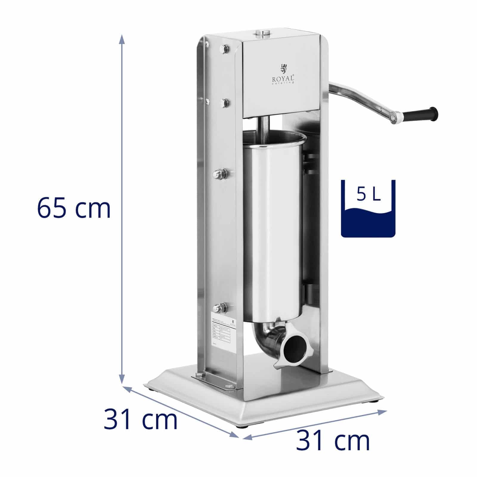 Royal Catering Poussoir À Saucisse Machine A Viande Manuel Vertical Bourreuse Embosseuse Charcuterie Main RCWV-5L (Volume 5 l, Cylindre Ø 15 cm, 4 Tubes De Remplissage, 2 Vitesses, Manivelle)