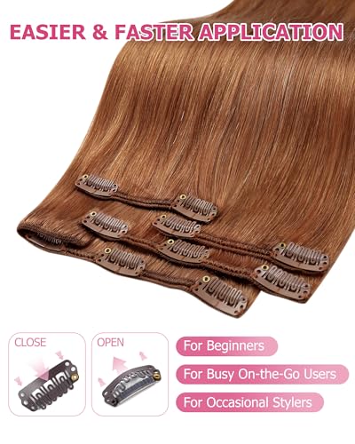 Image of YoungSee Clip in Human Hair Extensions Copper Clip ins Hair Extensions Human Hair Light Copper Clip in Hair Extension Real Human Hair Ease of Use 16Inch 120g 7pcs