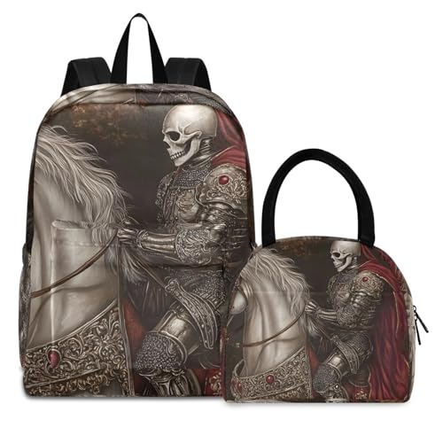 Backpack Lunch Box Set Large Capacity Travel Backpacks and Insulated Lunch Bag for Commute Hiking Picnic Vintage Skull Knight Print