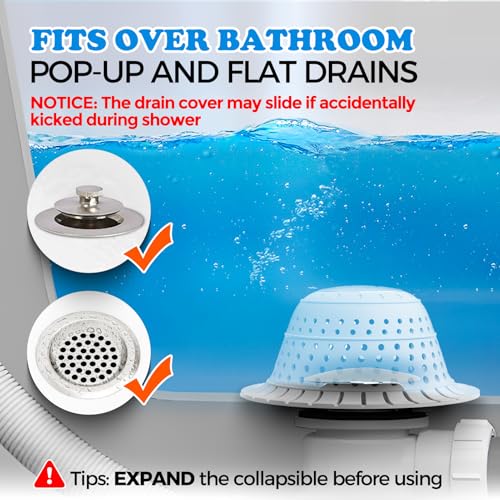 Image of zaa Shower Drain Hair Catcher, 2 Pack Silicone Collapsible Bathtub Drain Cover Dog Hair Catcher & Protector for Pop-Up & Regular Drains of Shower, Bathtub, Tub, Bathroom, Diameter 4.5 inch