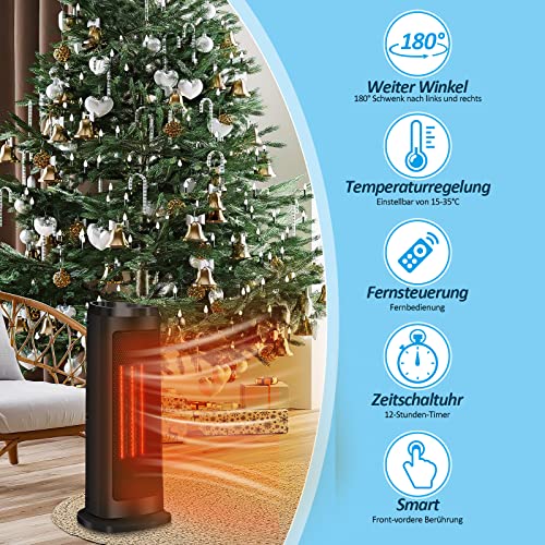 Ikodm Ventilatorkachel, 2000 W, draagbare ventilatorkachel, multi-bescherming, energiebesparend, stil, 60 graden oscillatie, 12 uurs timer, elektrische verwarming (zwart) - Afbeelding 4