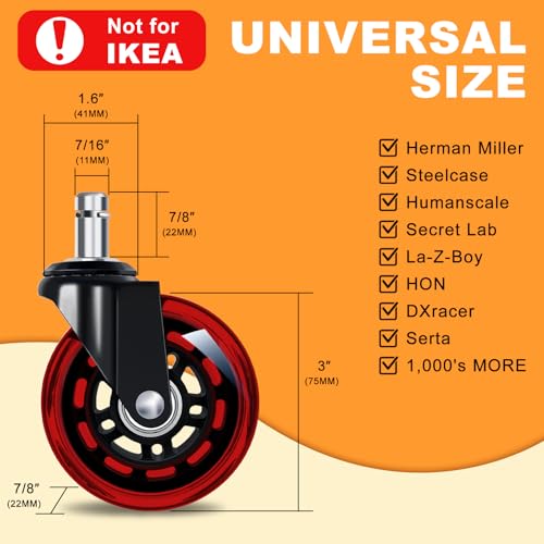 Image of Office Chair Wheels for Casters Replacement - 3 inch Rubber Wheels for Computer Gaming Desk Caster Smooth & Safe Rolling for All Floors Including Hardwood and Carpet - Set of 5 - Red