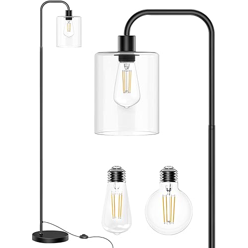 Isloys Floor Lamp, Industrial Floor Lamp with 2 LED Bulbs, LED Floor Lamp with Glass Shade, Modern Standing Lamp for Living Room Bedroom Office Farmhouse-Matte Black
