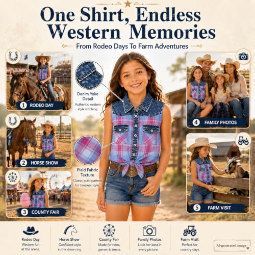 Image of Bienzoe Western Plaid Girls Shirt: Sleeveless Button Down