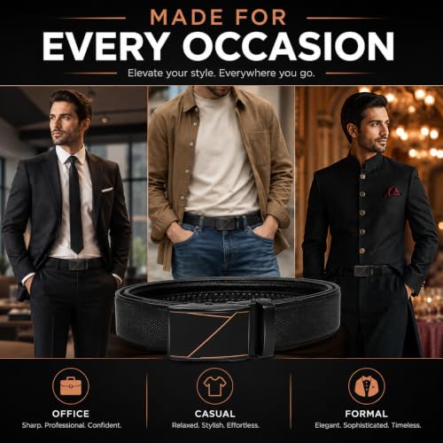 Image of Men's Auto Lock Belt with elegant design | Premium Vegan Leather | Adjustable Ratchet Belt | No Hole Design | Perfect Fit Waist 28-42 Inches for Office