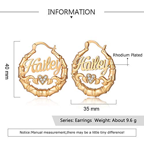 Gemszoo Custom Name Earrings Personalized Bamboo Hoop Gold Earrings with Any Name Jewelry Gift for Women Her2