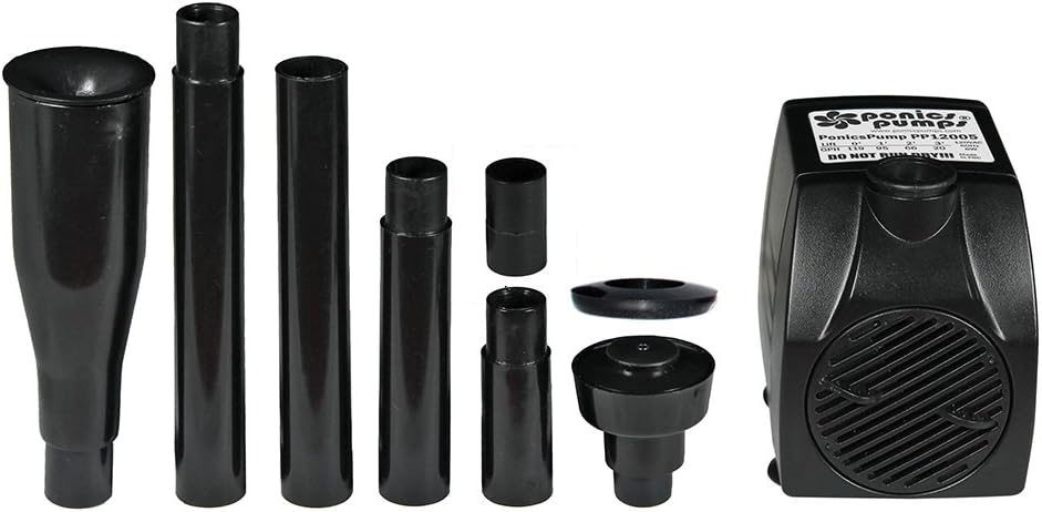 PonicsPumps by ZAHGO PP12005K: Mini Fountain Pump Kit with 120 GPH Submersible Pump with 5' Cord - 12W, Choice of 3 Spray Patterns & 4 Extensions.