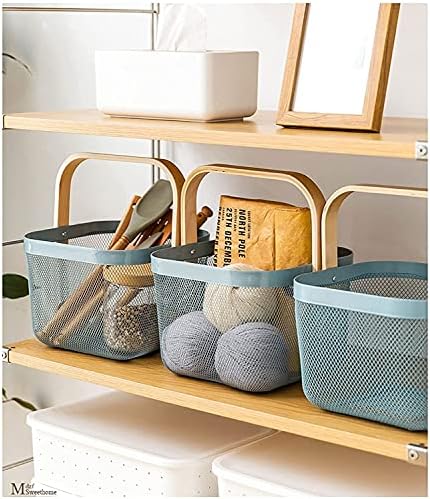 HOJKMA Mesh Steel Storage Organizer Basket, Multi-Functional Metal Wire Hanging Kitchen Baskets Fruit Basket with Wood Handle Ideal for Kitchen, Bathroom, Pantry, Cabinet Home, Shopping, Blue