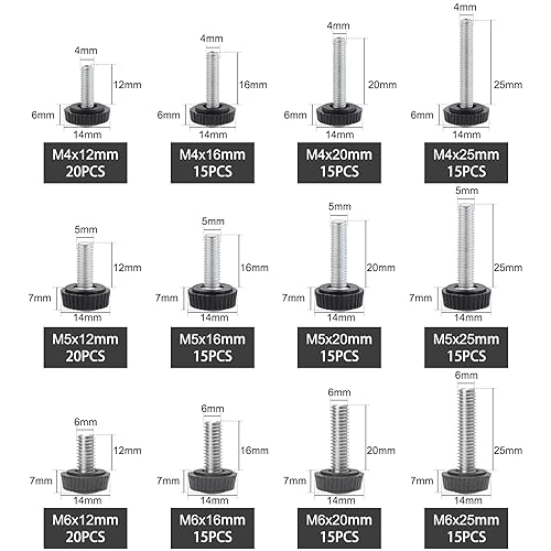 OCR 195PCS 12 Size Thumb Screws Carbon Threaded Knurled Knob Mounting Screw Grip Knobs Handle Bolts Round Clamping Screws Hose Clips for Kinds of Stand and Machine(M4、M5、M6)