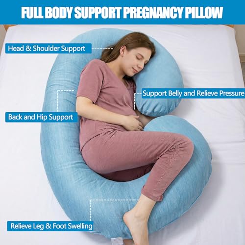 Image of 1 MIDDLE ONE Pregnancy Pillow, C Shaped Full Body Pillow for Maternity Support, Pregnant Women Sleeping Pillow with Cover (Cooling Blue)