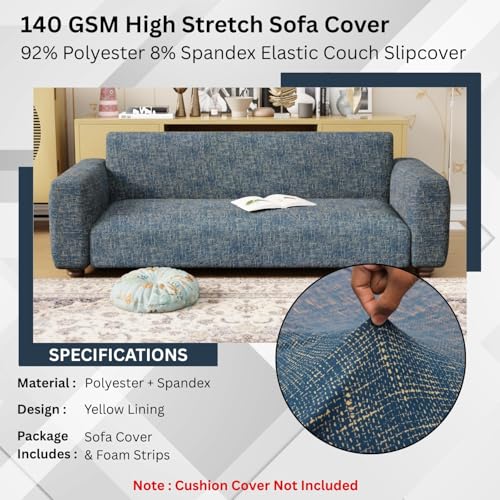 Image of Lukzer 4 Seater Yellow Lining Design Universal Sofa Cover | 360 Fully Covered Anti-Slip Washable Couch Cover Protecter | 140 GSM Stretch Fit Polyester + Spandex Slipcover (230-300cm /SC-025-04)