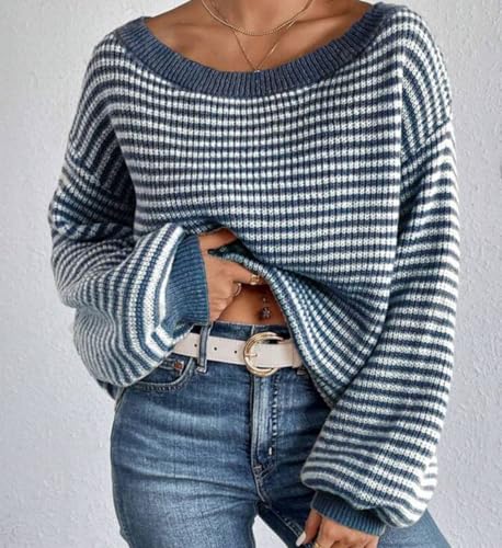 Womens Fashion Off The Shoulder Sweater, Striped Off-The-Shoulder Pullover Sweater, Knit Top Casual Loose Long Sleeve3