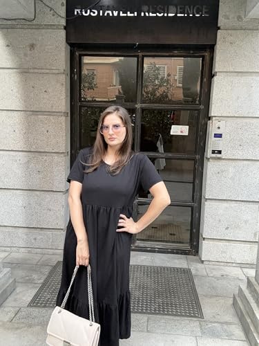 Image of IN'VOLAND Women Plus Size Short Sleeve Dress Loose Plain Casual Summer Flowy Tiered Long Maxi Dresses with Pockets