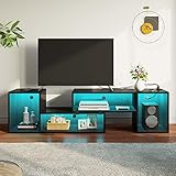 Rolanstar Deformable TV Stand with LED Strip & Power Outlets, Modern Entertainment Center for 45/50/55/60/65/70 inch TVs, Gaming Media 2 Pieces Console Cabinet, Black