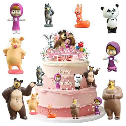 9 peças figuras decoração bolos Msha e o urso para meninos e meninas, decoração bolo aniversário Msha e o urso, 3D mini figuras set, Cake Topper para festa de aniversário crianças