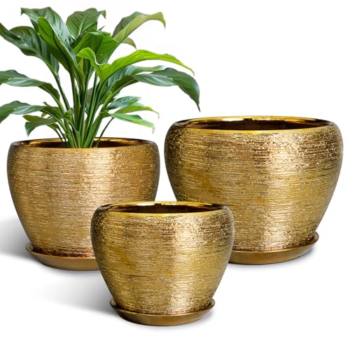 EPFamily Flower Pots for Indoor & Outdoor Plants - Ceramic Pots 10 Inch 8 Inch 6 Inch with Drainage Holes Saucers - Decorative Large Planters Set of 3 Gold