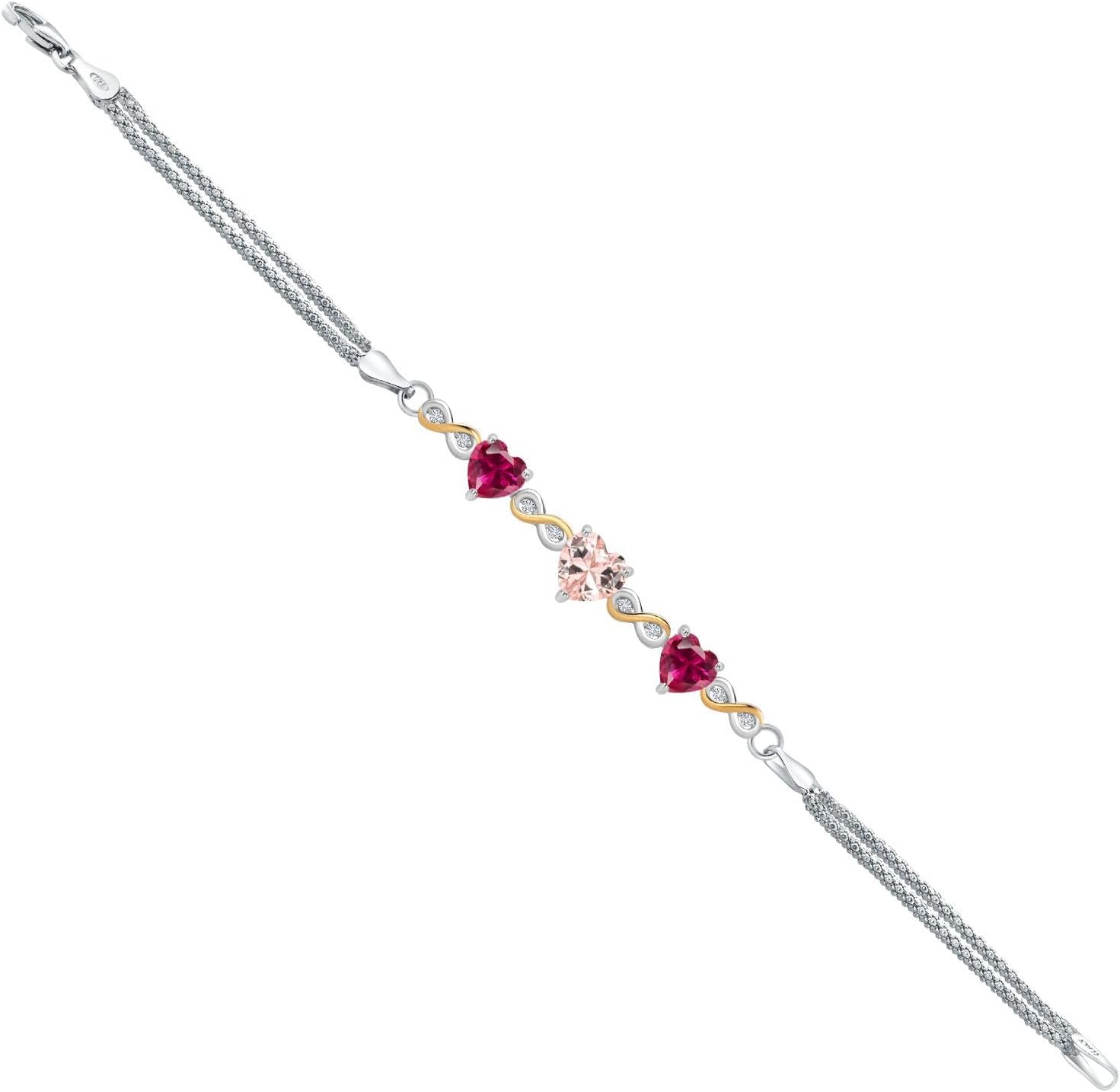 Gem Stone King 925 Silver and 10K Yellow Gold Peach Nano Morganite and Red Created Ruby and Lab Grown Diamond Bracelet For Women (3.25 Cttw, October Birthstone, Heart 7MM and 6MM, 6.5/7/7.5 Inch, Made