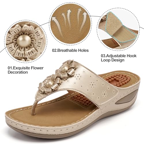 Image of Ecetana Womens Wedge Flip Flops: Orthopedic Cushion Non Slip Sandals - Comfortable Walking for All Day - Stylish Flower Adjustable Thong Sandals for Summer Casual Outing
