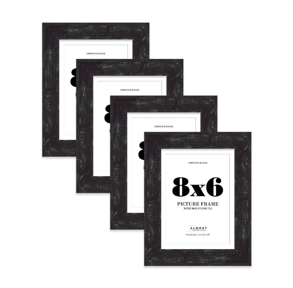 8x6" Distressed Black Picture Frame with 7x5" Mount - Industrial Photo Frame with Distressed Finish, Wall Hooks and Kickstand, 32mm Edge - 4 Pack โ image 1