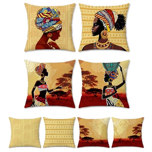Bonhause Lot de 4 Housse de Coussin Femmes Africaines 45 x 45 cm Ethnique Tribal Polyester Lin Décoratif Taie d'oreiller pour Canapé Lit Chaise Maison...