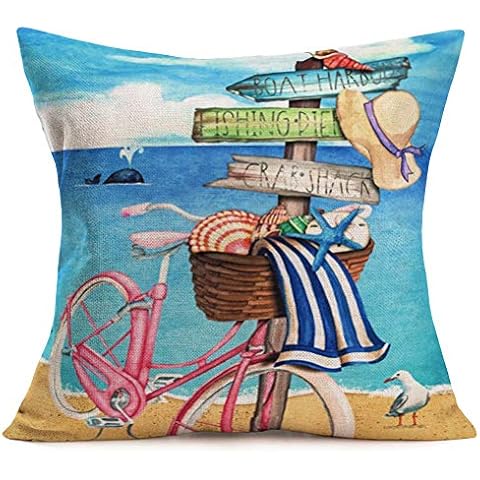 Asminifor Summer Decor Throw Pillow Covers Ocean Beach Theme Pink Bicycle on The Beach with Starfish Conch Seagull Decorative Pillow Cases Coastal Cushion Covers Home Pillowcases 18"×18" (Bike13) Cover