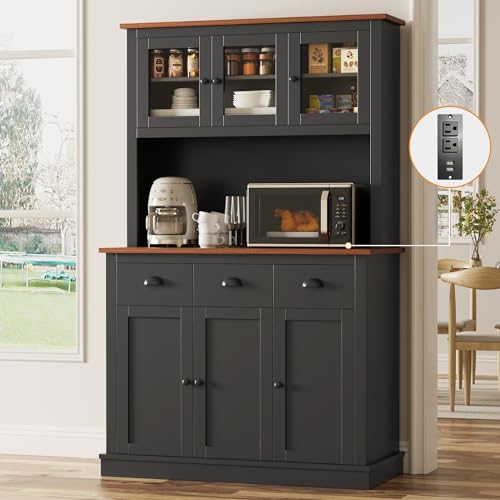 Image of 71 inch Kitchen Hutch with Charging Station, Tall Pantry Storage Cabinet with Microwave Stand, Adjustable Shelves, Slide Drawers, Large Buffet Pantry Cabinet for Kitchen, Dining Room, Black
