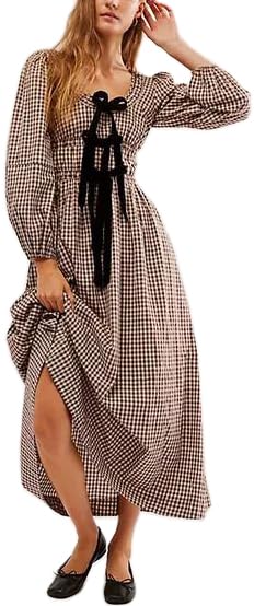 Yiulangde Women Brown Gingham Bow Tie Dress Boho Checkered Long Puff Sleeve Flowy Fall Dress Square Neck Smocked Maxi Dresses