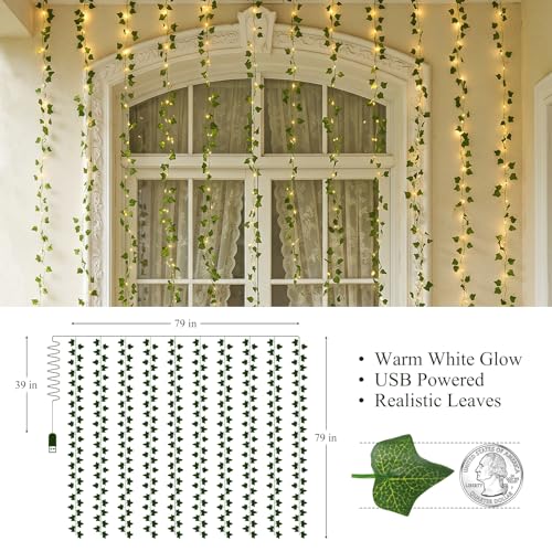 Vines with Lights for Dorm Room, 200 LED Fairy Curtain Lights with Ivy Vines,Warm White Fairy String Lights for Bedroom, 6.5 ft x 6.5 ft, USB Powered with Remote Control and 8 Modes for Bedroom Decor