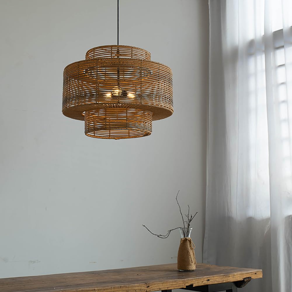 LYMSXAZOU Rustic Woven Rattan Pendant Light for Kitchen Island - 19.7" Farmhouse Chandelier Dining Room, Bedroom, Entryway, Foyer(19.7in)