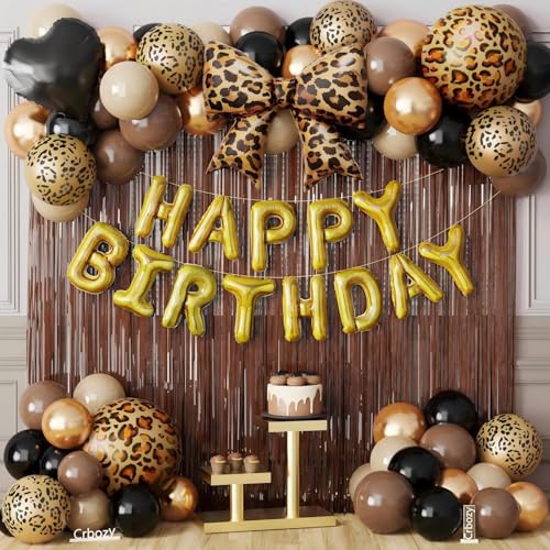 70Pcs Cheetah Print Birthday Decorations Black Brown Gold Cheetach Print Balloons HAPPY BIRTHDAY Foil Balloon Letters with Fringe Curtain for Girls Women Leopard Birthday Party Decorations