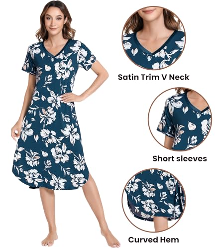Image of NACHILA Nightgowns for Women-Viscose Made from Bamboo, V Neck Sleepshirts Short Sleeve Sleepwear Cool Nightshirt