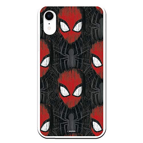 Funda para iPhone XR Oficial de Marvel Spiderman Caras Fondo Negro para Proteger tu móvil. Carcasa para Apple de Silicona Flexible con Licencia Oficial de Marvel.