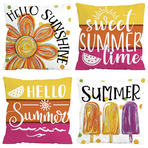 FUTBU Summer Throw Pillow Covers 18x18 Inch Set of 4 Sweet Summer Time Cushion Case Hello Sunshine Holiday Decoration for Sofa Couch