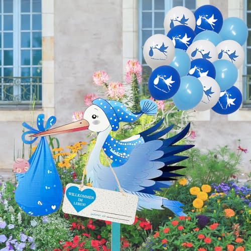 HuaMuDM Klapperstorch Set zur Geburt Baby 81 cm hoch Babystorch 15Pcs Neugeborene Balloon Geburt Babystorch für Draußen Holzstorch Zur Geburt Großer Storch aus Holz