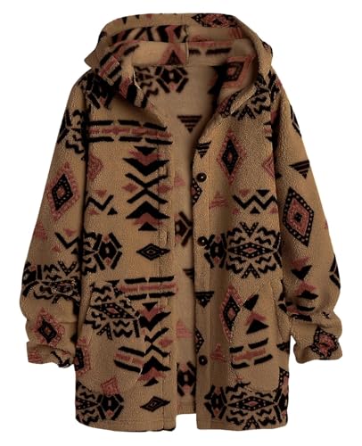 ZAFUL Women's Long Sleeve Zip Up Coat Faux Fur Ethnic Aztec Print Fall Jacket with Pocket Teddy Cropped Oversized Outwear
