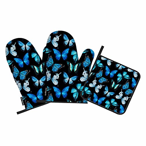 Samgula Blue Butterfly Oven Mitts And Pot Holders Sets Bright Nature Ornate Beauty Heat Resistant 3Pcs For Cooking Baking Bbq #TOP22