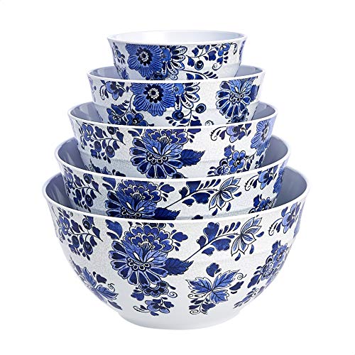 Amazon Basics Nesting Melamine Mixing Bowl With Lid And Non-Slip Base, 5 Sizes, Blue And White Floral - Set Of 10, 4 Quarts #TOP2