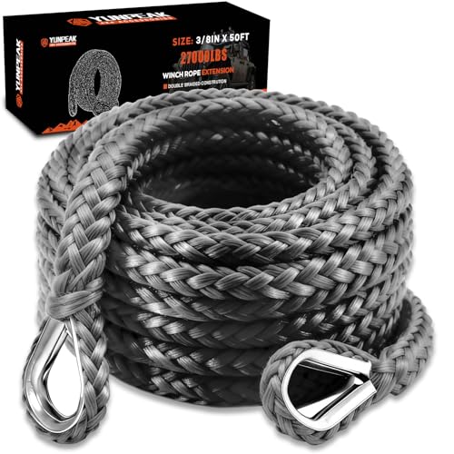 YUNPEAK Winch Rope Extension, 3/8'' x 50ft 27,000Lbs Synthetic Winch Extension Rope, Winch Extension Line for Off Road Vehicle ATV UTV SUV Jeep (Gray)