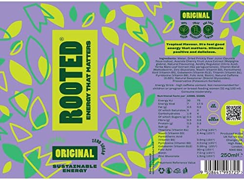 ROOTED Original Natural Energy Drink - Tropical Flavour - Pack of 4 x 250 ml, Zero Sugar, Vegan Friendly, Low Calorie, Gluten Free, Packed with Natural Caffeine, B-Vitamins, Yerba Mate