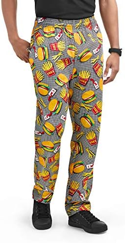 Men’s Fry-Yay Print Chef Pant (XS-3X) | Traditional Baggy Fit, 100% Cotton, Elastic Waist (Small)