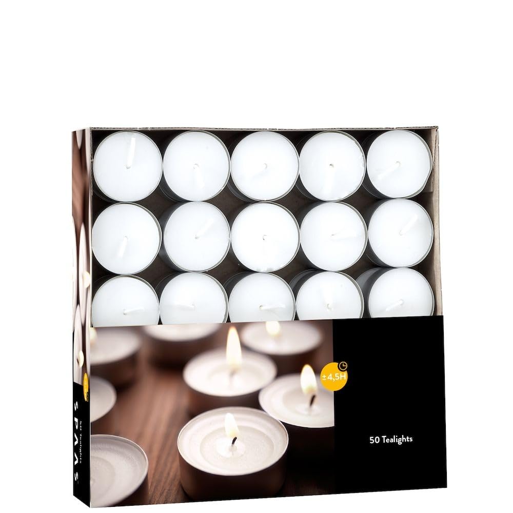 Velas de té (2 cajas de 50 unidades, 100 velas de té), tiempo de combustión: 4,5 horas, sin hollín, para portavelas, vasos de velas, lámparas aromáticas, candelabros y portavelas – Navidad,