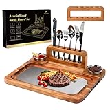 Acacia Wood Steak Board Set for Eating,16.5' Large Wooden Plates Scratch-Proof Stainless Steel Cutting Boards, Charcuterie Boards Food Serving Tray with Magnetic Utensil Holder & Fork Knife Spoon