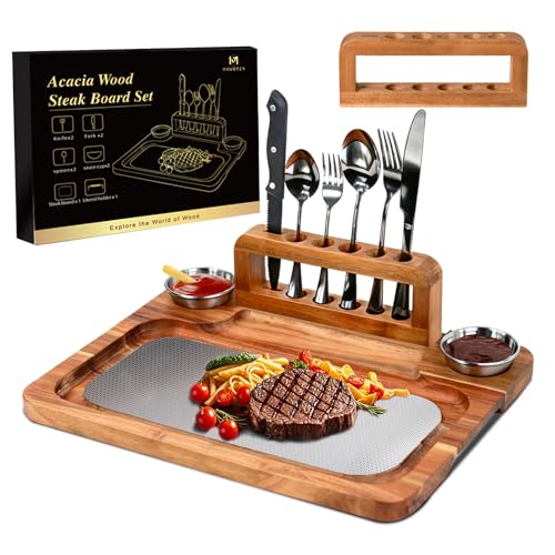Acacia Wood Steak Board Set for Eating,16.5