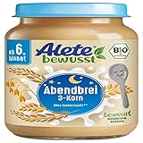 Alete bewusst Abendbrei 3-Korn, ab dem 6. Monat, Babybrei mit Vollkorngetreide zum Löffeln, Bio Babynahrung aus dem Glas, 1 x 190 g