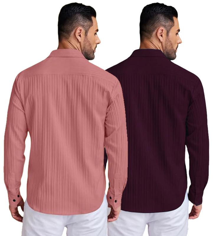 Image of DEELMO Combo of Men's Casual Button Down Shirts Long Sleeve Linen Shirt Fashion Textured Summer Shirts Pack of 2