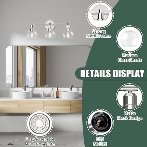 Image of 3 Lights Bathroom Vanity Light Fixtures Chrome, Bathroom Lights Over Mirror, Industrial and Farmhouse 3 Light Wall Sconce, Polished Chrome Globe Vanity Lighting Fixtures