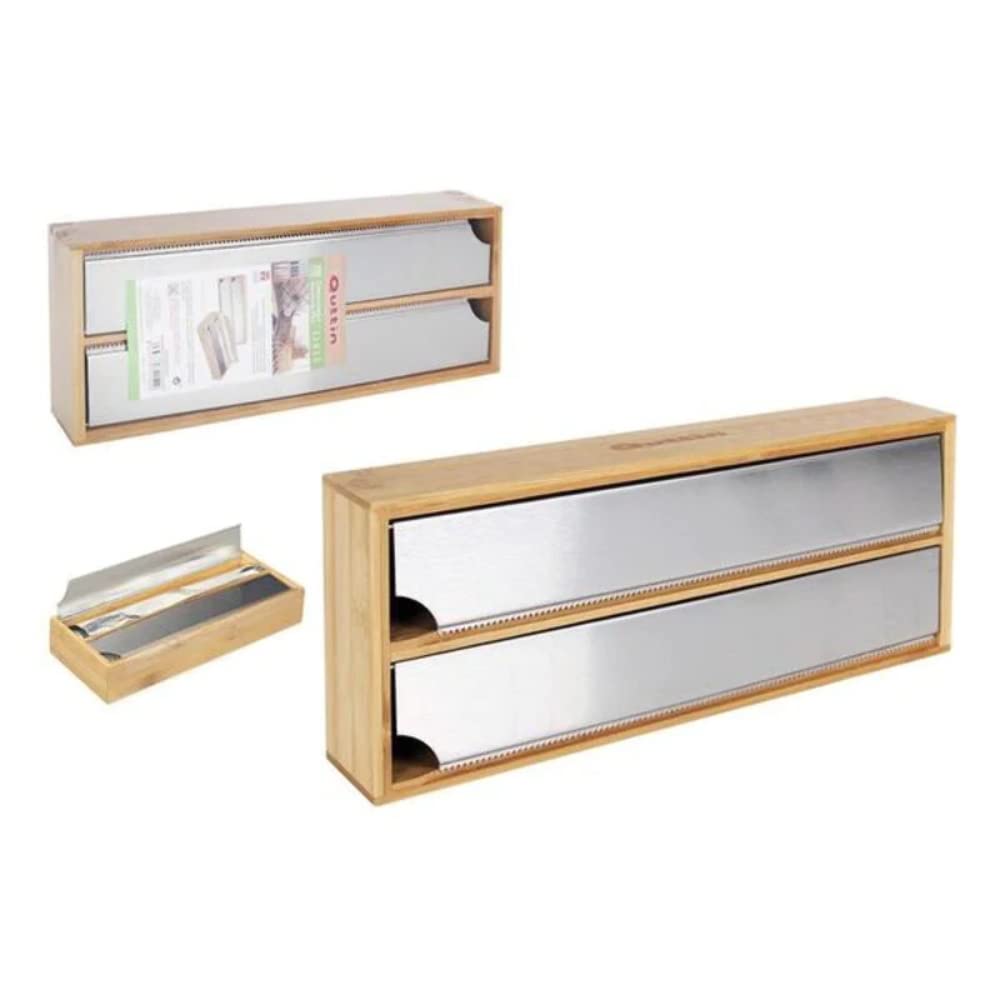 Quttin | Dispensador de Bambu Aluminio y Film 33.5x13x5.5 cm Tamaño óptimo Portarrollos Papel Cocina - Dispensador Papel Aluminio y Film Organizador de Cocina