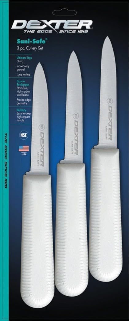 Dexter-Russell 15333 Sani-Safe® (S104-50) Paring Knives, 3-1/4", in display box, stain-free, high-carbon steel, non-slip, textured, polypropylene white handle, NSF Certified, (50 each per box)