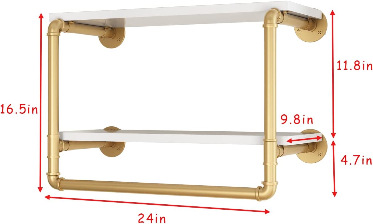 HOMEKAYT 24" Industrial Pipe Shelving Floating Wall Shelves 2 Tier Gold Shelves Multiple Use for Kitchen, Bedroom,Living Room,Bathroom 24''L-2tier